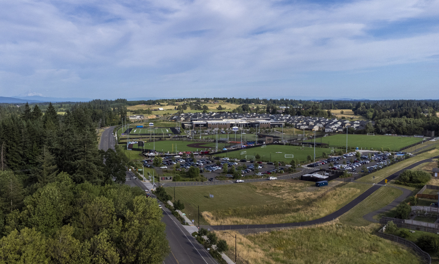 Cars file into the parking lot of the Ridgefield Outdoor Recreation Complex on Raptors game night in June, as seen in this drone photo. Though it wasn't designed to be a home for sports tourism, the complex has brought in people from out of town, many of whom spend money at local businesses.