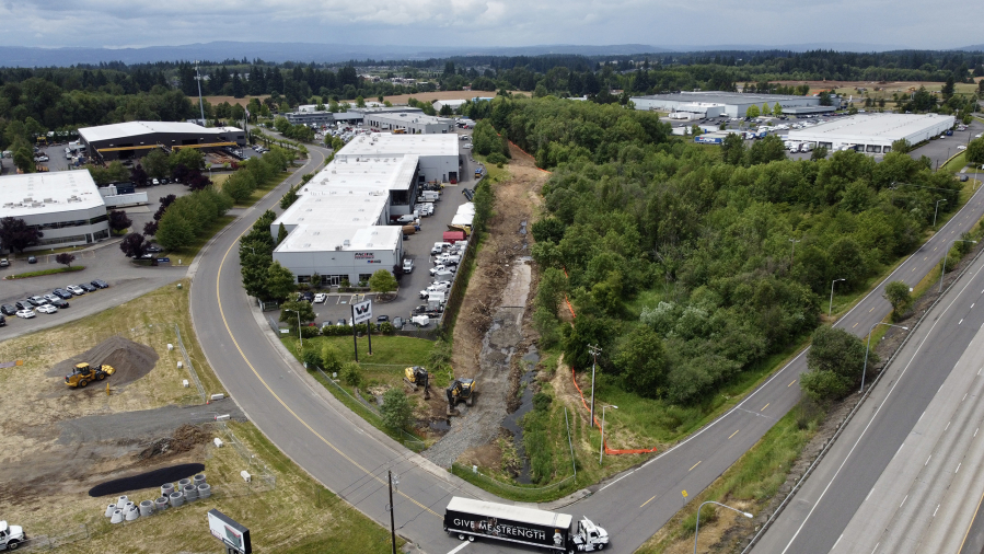 This aerial photo shows the area of a joint project between the Port of Ridgefield, Clark Regional Wastewater District and the city of Ridgefield. Construction on the project will begin soon and includes upgrading a sewer line and creating a 2,000-foot-long pedestrian trail.