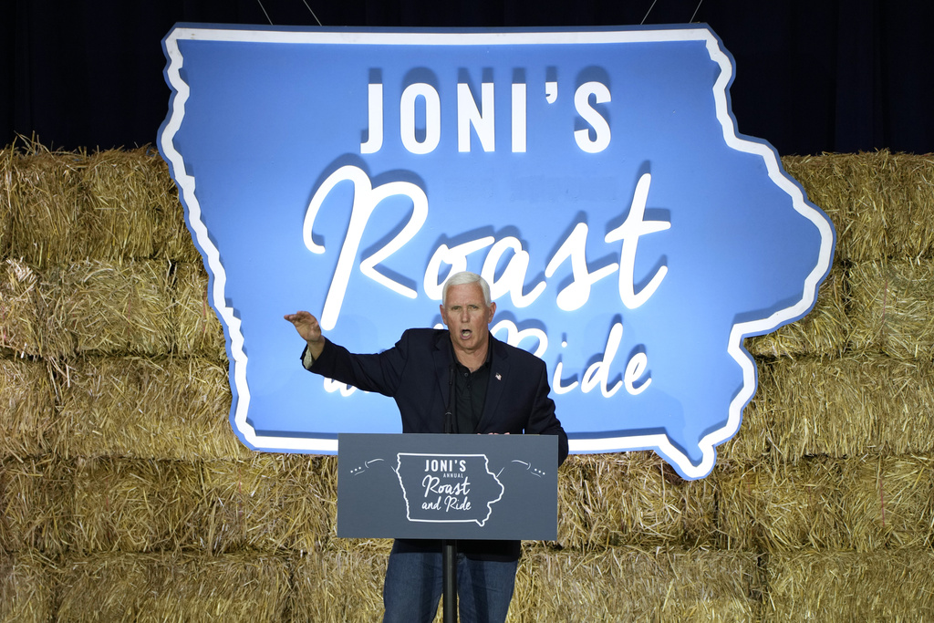 Former Vice President Mike Pence speaks during U.S. Sen. Joni Ernst's Roast and Ride, Saturday, June 3, 2023, in Des Moines, Iowa.