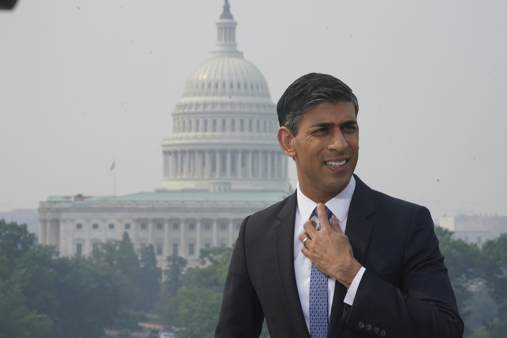 British Prime Minister Rishi Sunak talks to media during his visit to Washington D.C., Wednesday, June 7, 2023. The war in Ukraine was top Sunak’s agenda Wednesday as he started a two-day trip to Washington carrying the message that post-Brexit Britain remains an essential American ally in a world of emboldened authoritarian states.