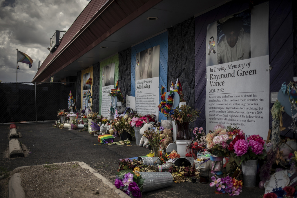 Memorials are displayed outside Club Q, the LGBTQ nightclub that was the site of a deadly 2022 shooting that killed five people, on Wednesday, June 7, 2023 in Colorado Springs, Colo.