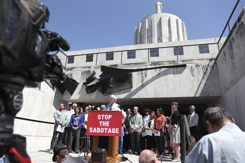 FILE - Democratic Sen. Jeff Golden speaks during a news conference and rally against the Republican Senate walkout at the Oregon State Capitol in Salem, Ore., June 6, 2023. Funding for schools, literacy programs and special education teachers in Oregon — a state where 60% of third graders are not reading at grade level — could be jeopardized by a Republican walkout that has stalled hundreds of bills and ground the Legislature to a partisan halt for over a month.