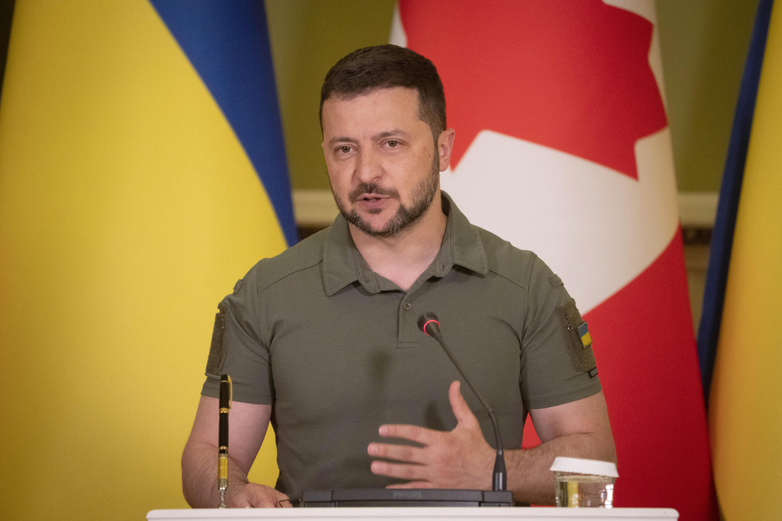 Ukrainian President Volodymyr Zelenskyy speaks during joint press conference with Canada's Prime Minister Justin Trudeau in Kyiv, Ukraine, on Saturday, June 10, 2023.