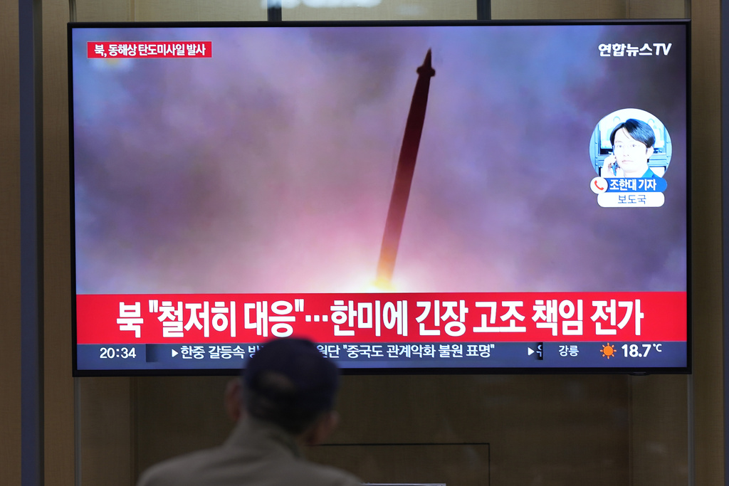 A TV screen shows a report of North Korea's missile launch with file image during a news program at the Seoul Railway Station in Seoul, South Korea, Thursday, June 15, 2023. North Korea test-fired a ballistic missile off its east coast on Thursday, hours after South Korean and U.S. troops ended a fifth round of large-scale live-fire drills near the Koreas' heavily fortified border.