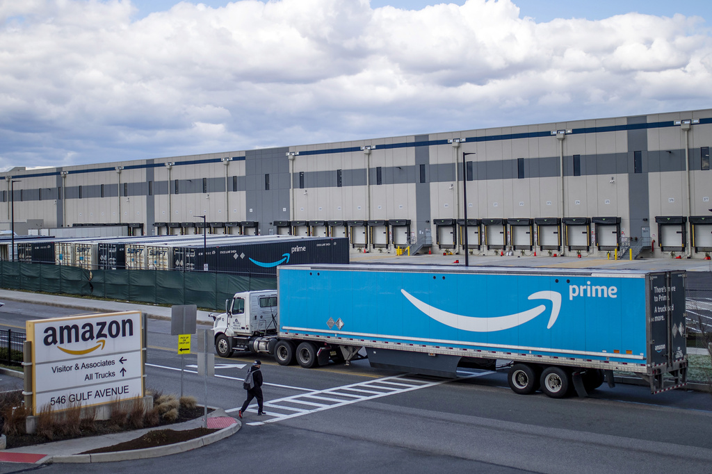 FILE - A truck arrives at the Amazon warehouse facility, in the Staten Island borough of New York, April 1, 2022.   Vermont Sen.