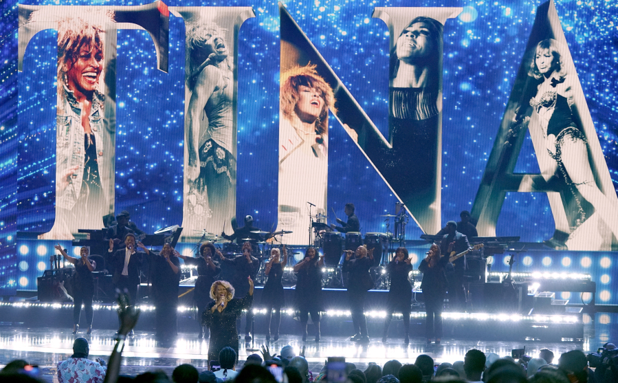 Patti LaBelle performs "The Best" during an In Memoriam tribute to the late singer Tina Turner, pictured onstage at the BET Awards on Sunday at the Microsoft Theater in Los Angeles.