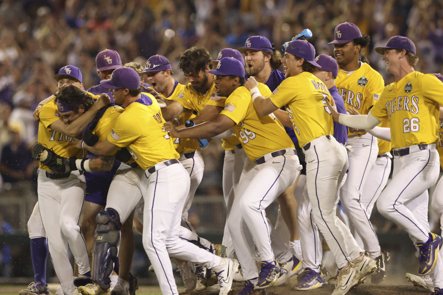 LSU celebrates after defeating Florida in Game 3 of the NCAA College World Series baseball finals in Omaha, Neb., Monday, June 26, 2023. LSU won the national championship 18-4. (AP Photo/Rebecca S.