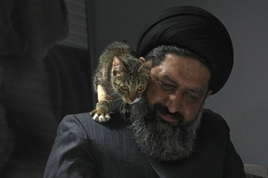 An injured stray cat walks on the shoulder of Iranian cleric Sayed Mahdi Tabatabaei after treatment at a veterinary clinic in Tehran, Iran, Friday, May 19, 2023. It's rare these days for a turbaned cleric in Iran to attract a large following of adoring young fans on Instagram, but  Tabatabaei has done it by rescuing street dogs in defiance of a local taboo.