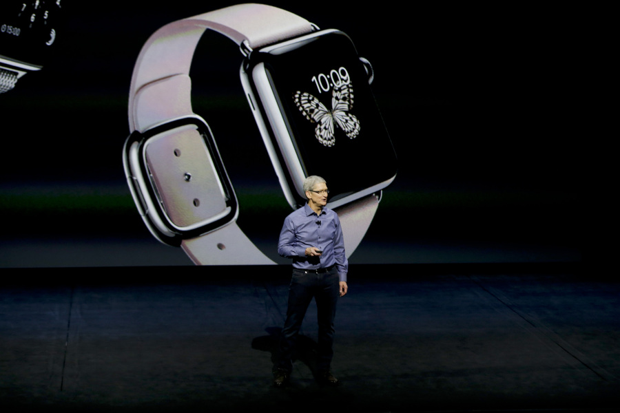 File - Apple CEO Tim Cook discusses the Apple Watch at the Apple event at the Bill Graham Civic Auditorium in San Francisco, Wednesday, Sept. 9, 2015. If Apple unveils a widely anticipated headset equipped with mixed reality technology on Monday, it will be the company's biggest new product since the introduction of the Apple Watch nearly a decade ago.
