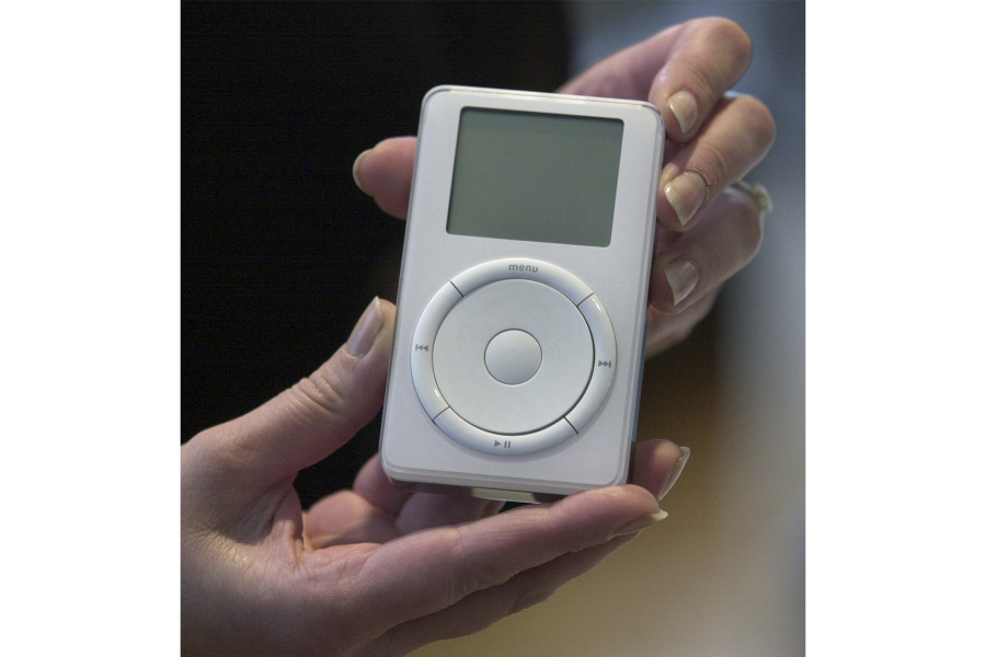 Apple's digital music player, iPod, is displayed after its introduction by Apple Computer Inc. chief executive officer Steve Jobs during a news conference, Oct. 23, 2001, in Cupertino, Calif.