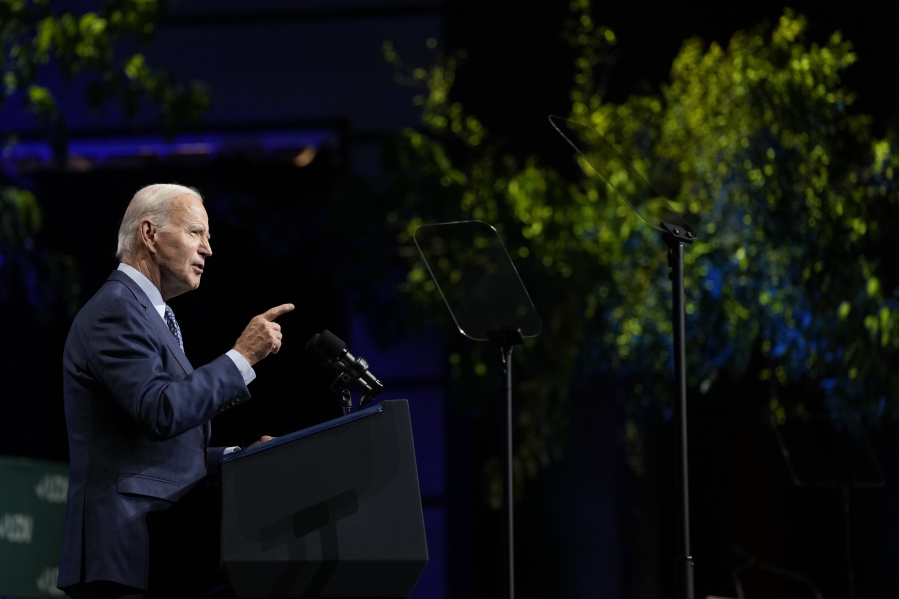 President Joe Biden speaks at the League of Conservation Voters annual capital dinner in Washington, Wednesday, June 14, 2023.
