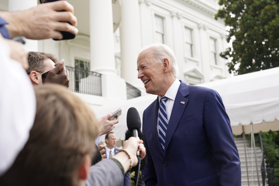 President Joe Biden speaks with members of the media before boarding Marine One on the South Lawn of the White House in Washington, Wednesday, June 28, 2023, for a short trip to Andrews Air Force Base, Md., and then on to Chicago. Biden has started using a continuous positive airway pressure, or CPAP, machine at night to help with sleep apnea, the White House said Wednesday after indents from the mask were visible on his face.