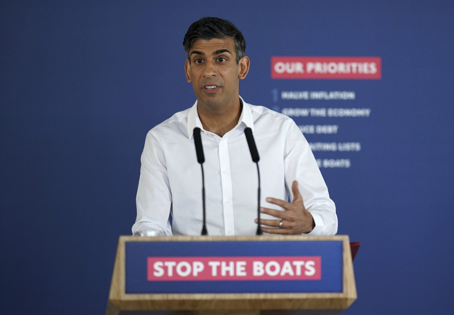 Britain's Prime Minister Rishi Sunak speaking during a press conference at Western Jet Foil in Dover, England, Monday, June 5, 2023, as he gives an update on the progress made in the six months since he introduced the Illegal Migration Bill under his plans to "stop the boats".