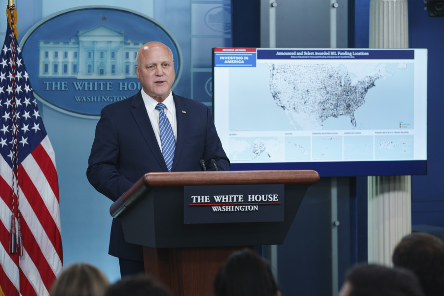 FILE - White House infrastructure coordinator Mitch Landrieu speaks during a briefing at the White House, May 12, 2023, in Washington. The massive federal effort to expand internet access to every home in the U.S. took a major step forward on Friday with the announcement of $930 million in "middle mile" grants to shore up connections in dozens of places around the country where significant gaps in connectivity persist. "These networks are the workhorses carrying large amounts of data over very long distances," said Landrieu.