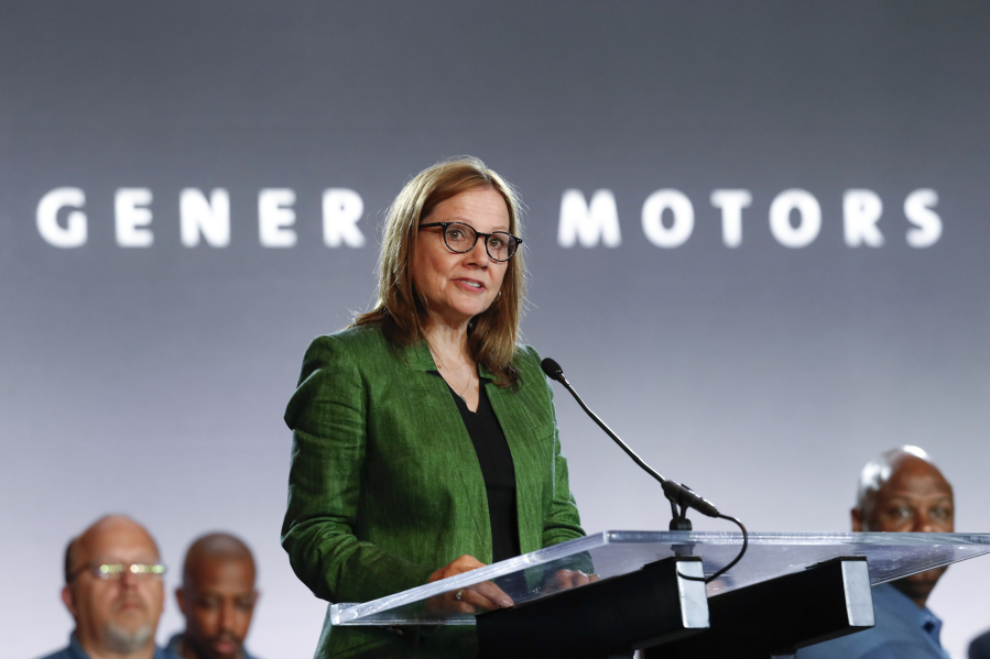 FILE - Chief Executive Officer Mary Barra speaks during the opening of contract talks with the United Auto Workers on July 16, 2019, in Detroit. Barra was the second highest paid woman CEO in a survey done by AP and Equilar. She received a base salary of $2.1 million, a $6.3 million performance-based bonus, $1.1 million in perks and $19.5 million in stock and option awards, for a total pay package of $29 million.