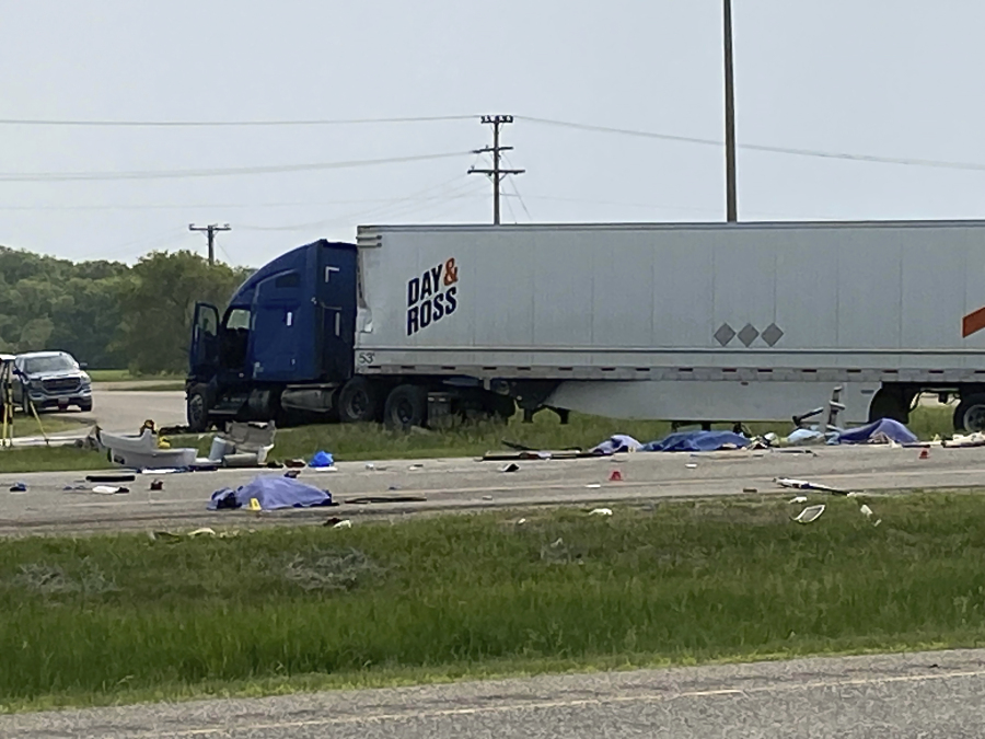 EDS NOTE: GRAPHIC CONTENT - This photo shows the scene of a major collision that has closed a section of the Trans-Canada Highway near Carberry, Manitoba  on Thursday June 15, 2023. Authorities did not confirm casualties, but health officials said they were preparing a mass casualty response.