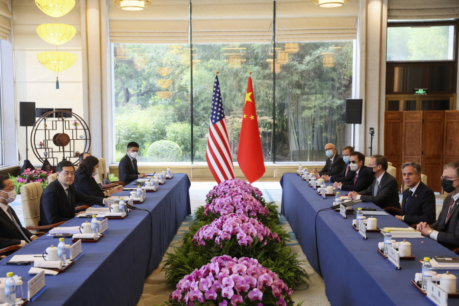 U.S. Secretary of State Antony Blinken, second right, meets with Chinese Foreign Minister Qin Gang, second left, at the Diaoyutai State Guesthouse in Beijing, China, Sunday, June 18, 2023.