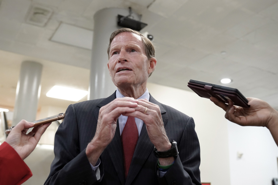 Sen. Richard Blumenthal, D-Ct., speaks to reporters Wednesday, May 31, 2023, on Capitol Hill in Washington.