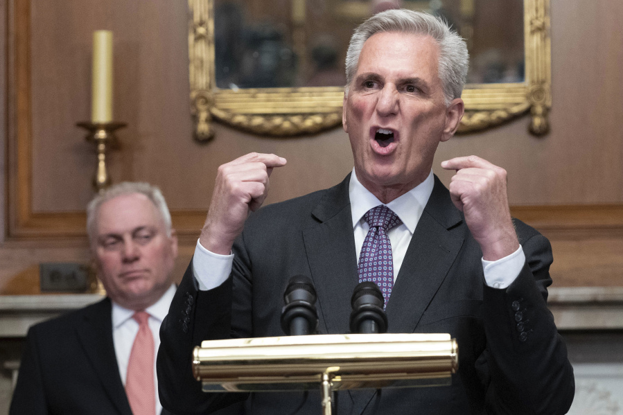 House Speaker Kevin McCarthy of Calif. along with other Republican members of the House, speaks at a news conference after the House passed the debt ceiling bill at the Capitol in Washington, Wednesday, May 31, 2023. The bill now goes to the Senate.