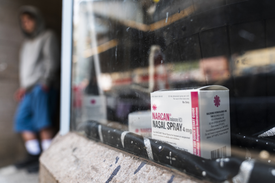 A box of Narcan sits in the Savage Sisters' community outreach storefront in the Kensington neighborhood of Philadelphia, Wednesday, May 24, 2023. Generically known as Naloxone, the medication used revive people who have stopped breathing, doesn't reverse the effects of xylazine. Philadelphia officials stress that naloxone should still be administered in all cases of suspected overdose, since xylazine is almost always found in combination with fentanyl.
