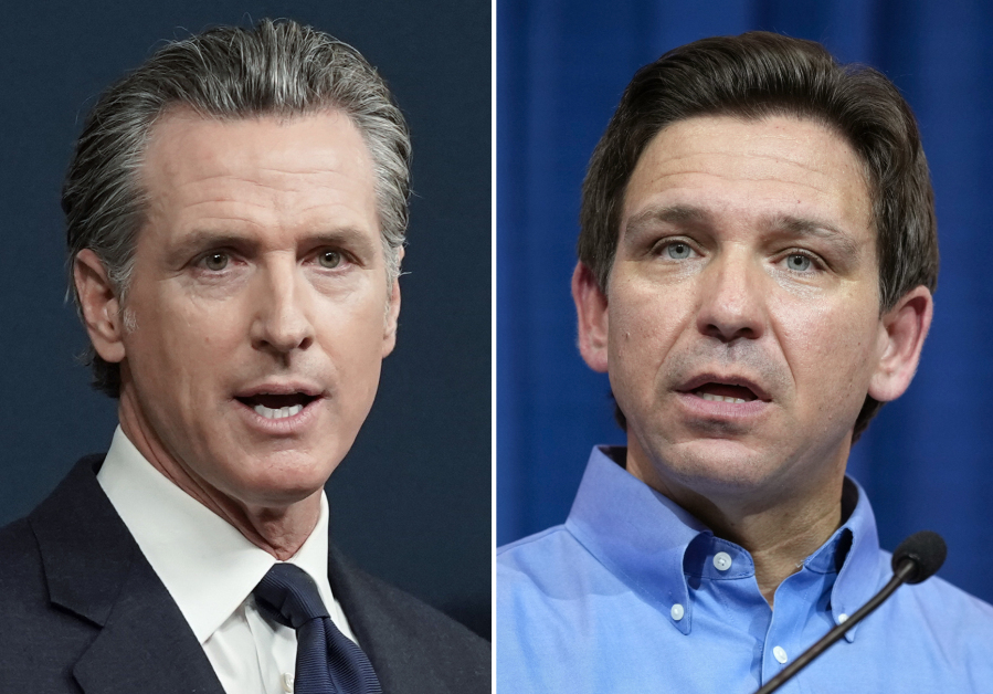 FILE - This combination of photos shows California Gov. Gavin Newsom speaking in Sacramento, Calif., on June 24, 2022, left, and Florida Gov. Ron DeSantis speaking in Sioux Center, Iowa, May 13, 2023, right.