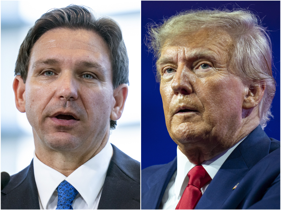 FILE - This combination of photos shows Florida Gov. Ron DeSantis speaking on April 21, 2023, in Oxon Hill, Md., left, and former President Donald Trump speaking on March 4, 2023, at National Harbor in Oxon Hill, Md. Trump returns to the campaign trail Thursday, June 1, 2023, as his chief rival for the GOP presidential nomination, DeSantis, is undertaking his first swing through early voting states as an official candidate.