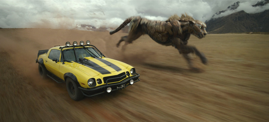 This image released by Paramount Pictures shows Bumblebee, left, and Cheetor in a scene from "Transformers: Rise of the Beasts." (Paramount via AP)