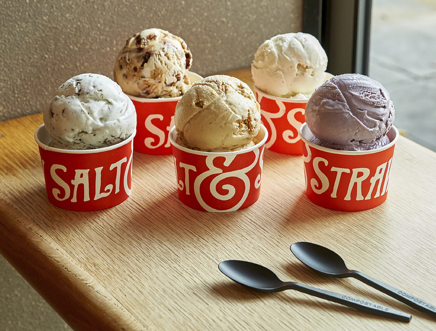 A variety of the West Coast ice creamery Salt & Straw's unique flavors. The company offers interesting combos like Pistachio with Saffron, and Hibiscus and Coconut.