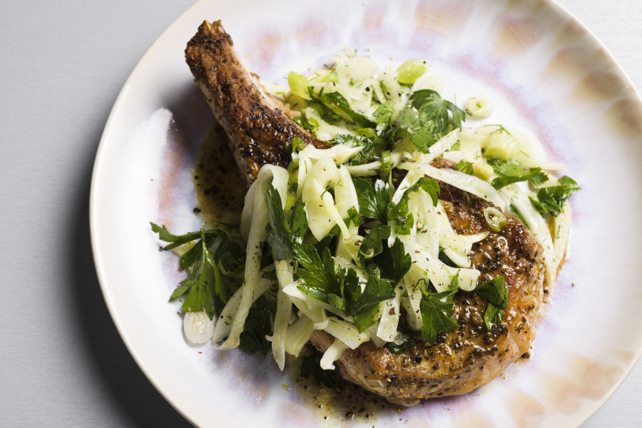 Seared Pork Chops With Fennel and Herb Salad.