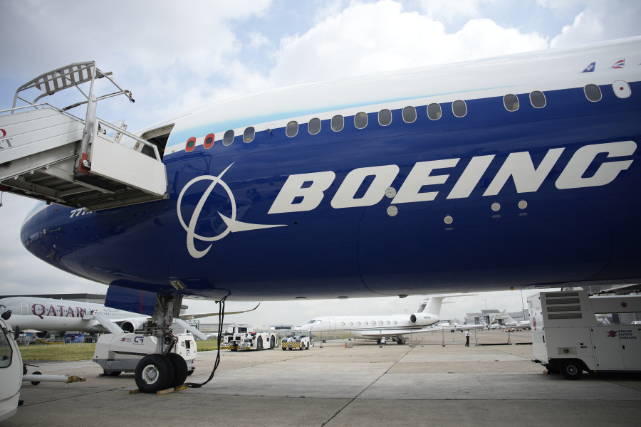 The Boeing 777X airplane is on display during the Paris Air Show in Le Bourget, north of Paris, France, Monday, June 19, 2023.