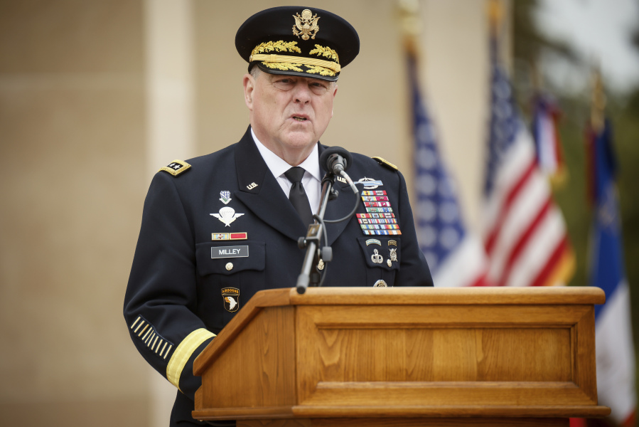 U.S Joint Chiefs of Staff chairman Gen. Mark Milley delivers a speech during a ceremony to mark the 79th anniversary of the assault that led to the liberation of France and Western Europe from Nazi control, at the American Cemetery in Colleville-sur-Mer, Normandy, France, Tuesday, June 6, 2023. The American Cemetery is home to the graves of 9,386 United States soldiers. Most of them lost their lives in the D-Day landings and ensuing operations.