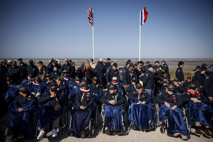 U.S. veterans attend  the commemoration organized by the Best Defense Foundation at Utah Beach near Sainte-Marie-du-Mont, Normandy, France, Sunday, June 4, 2023, ahead of the D-Day Anniversary. The landings on the coast of Normandy 79 year ago by U.S. and British troops took place on June 6, 1944.