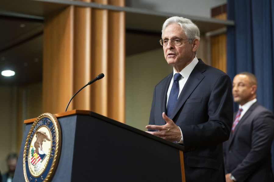 FILE - Attorney General Merrick Garland speaks at a press conference to announce arrests and disruptions of the fentanyl precursor chemical supply chain, June 23, 2023 in Washington. The Justice Department has charged dozens of people in several healthcare fraud and prescription drug schemes, including a massive scheme totaling nearly $1.9 billion and a doctor accused of ordering leg braces for patients who had their limbs amputated, officials said Wednesday.