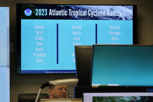 The names for the 2023 Atlantic Hurricane season are displayed at the National Hurricane Center, Wednesday, May 31, 2023, in Miami, Fla. The hurricane season starts June 1.