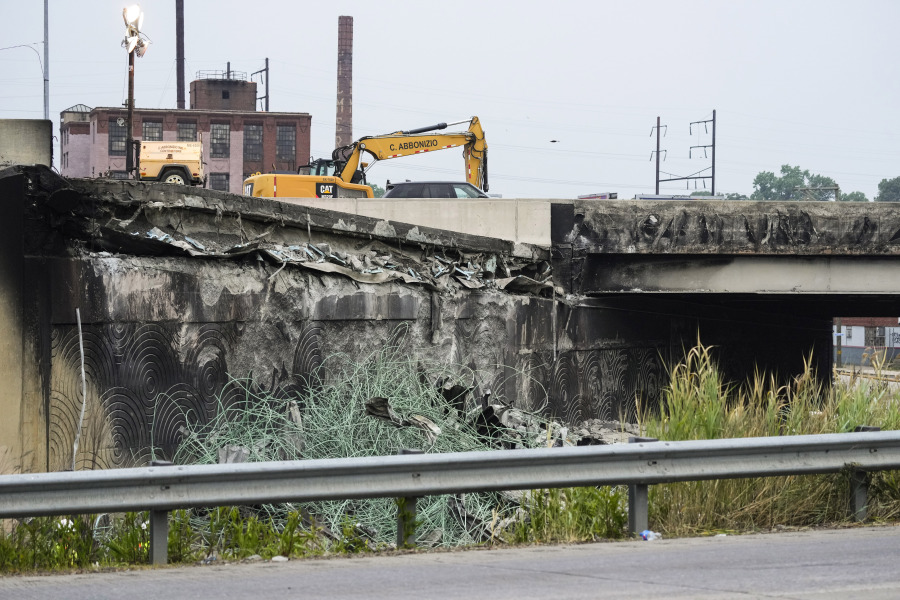 Show is the aftermath of an elevated section of Interstate 95 that collapsed, in Philadelphia, Monday, June 12, 2023.
