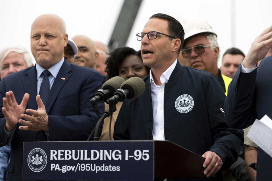 Gov. Josh Shapiro speaks during a news conference to announce the reopening of Interstate 95, Friday, June 23, 2023, in Philadelphia.