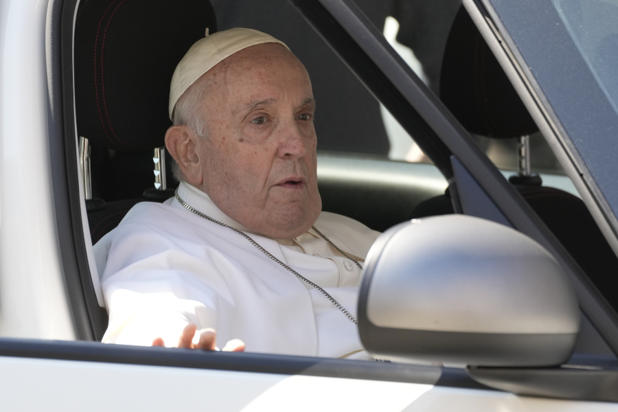 Pope Francis warrives at the Vatican, Friday, June 16, 2023, nine days after undergoing abdominal surgery. The 86-year-old pope was admitted to Gemelli hospital on June 7 for surgery to repair a hernia in his abdominal wall and remove intestinal scar tissue that had caused intestinal blockages.