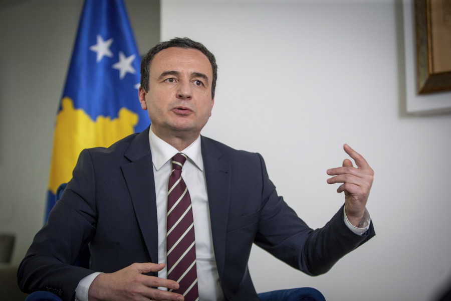Kosovo Prime Minister Albin Kurti gestures during an interview with The Associated Press in Kosovo's capital Pristina on Thursday, June 8, 2023. Kurti on Thursday complained of bias to his country from the United States and the European Union and tolerance towards Serbia what he called as authoritarian regime.