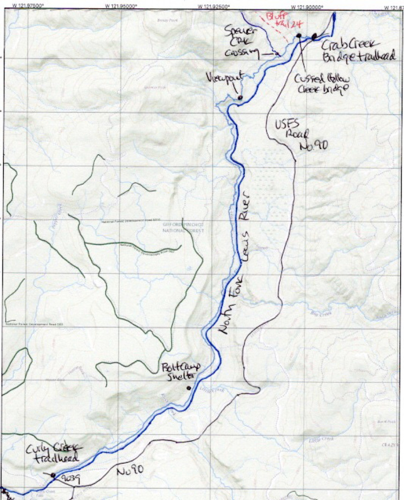 Mileage/elevation chart

Location……………Mileage…………..Elevation

Curly Creek trailhead…0.00……..1,216
Bolt Camp shelter……..2.60………1.272
Gorge viewpoint……….7.49……..1,699
Spencer Creek crossing….8.84…….1,497
Bluff trail No. 24 junction…9.99….1,610
Cussed Hollow Cr bridge….10.2…..1,519
Crab Creek Bridge trailhead…10.68….1,567 PDF