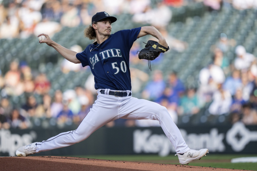 Seattle Mariners starter Bryce Miller delivers a pitch during the first inning of a baseball game against the Miami Marlins, Monday, June 12, 2023, in Seattle.