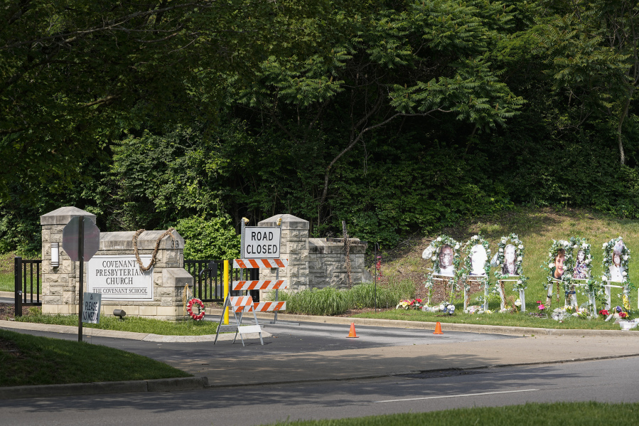 An entrance to The Covenant School is seen Wednesday, May 24, 2023, in Nashville, Tenn. The school is the site where a deadly shooting in March took the lives of three 9-year-olds and three adults.