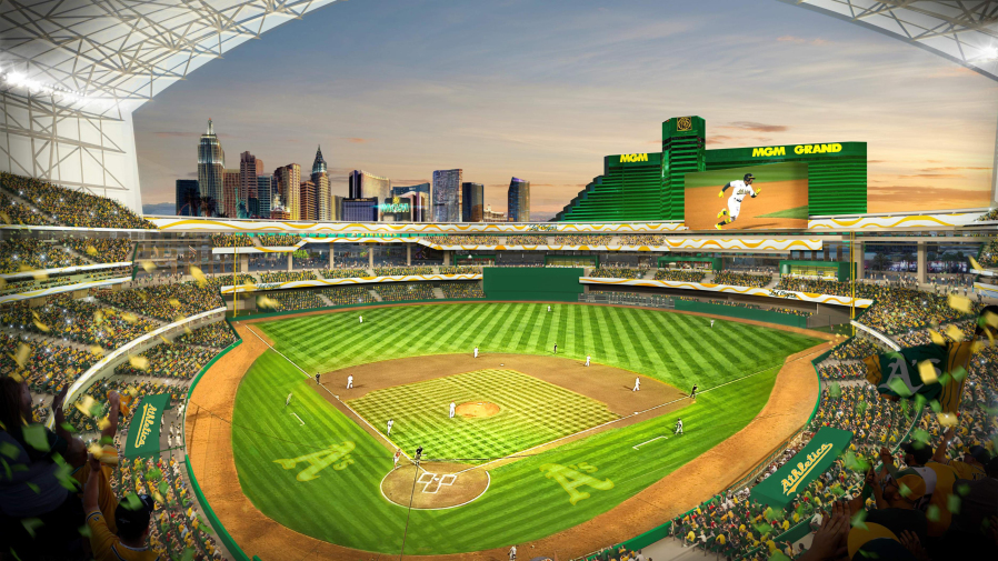 FILE - This rendering provided by the Oakland Athletics on May 26, 2023, shows a view of their proposed new ballpark at the Tropicana site in Las Vegas. The Oakland Athletics cleared a major hurdle for their planned relocation to Las Vegas after the Nevada Legislature gave final approval on Wednesday, June 14, to public funding for a portion of the proposed $1.5 billion stadium with a retractable roof.