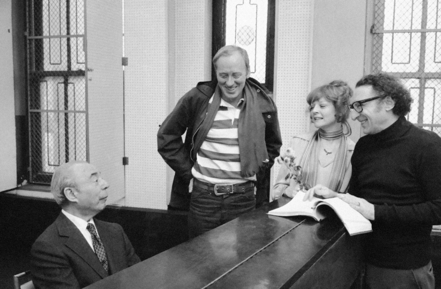 FILE - Composer Richard Rodgers, left, appears with cast members of "REX" Nicol Williamson, center, and Penny Fuller, as lyricist Sheldon Harnick, right, looks on in New York on Jan. 19, 1976. Harnick, who with composer Jerry Bock made up the premier musical-theater songwriting duos of the 1950s and 1960s with shows such as "Fiddler on the Roof," "Fiorello!" and "The Apple Tree," died Friday. He was 99.