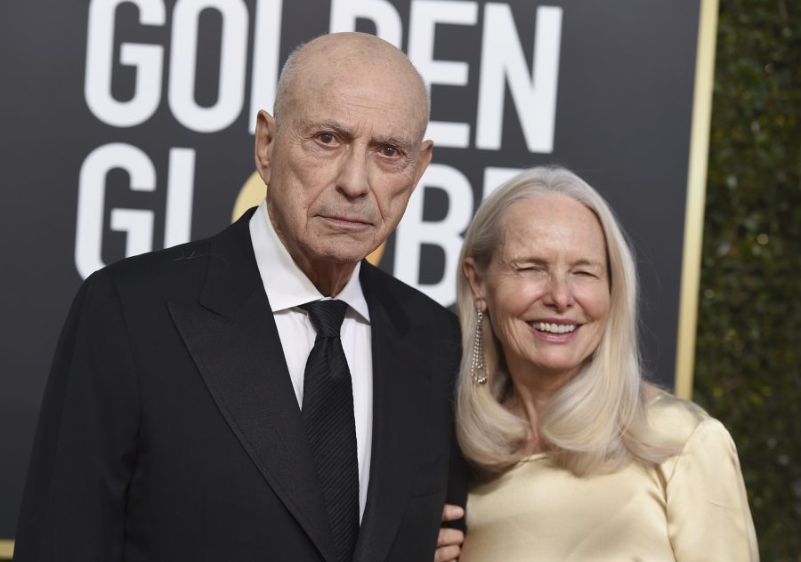 FILE - Alan Arkin, left, and Suzanne Newlander Arkin arrive at the 76th annual Golden Globe Awards on Jan. 6, 2019, in Beverly Hills, Calif. Arkin, the wry character actor who demonstrated his versatility in comedy and drama as he received four Academy Award nominations and won an Oscar in 2007 for "Little Miss Sunshine," has died. He was 89.