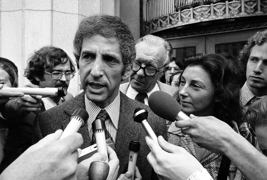 FILE - Daniel Ellsberg, co-defendant in the Pentagon Papers case, talks to media outside the Federal Building in Los Angeles, April 28, 1973.   Ellsberg, the government analyst and whistleblower who leaked the "Pentagon Papers" in 1971, has died.  He was 92.