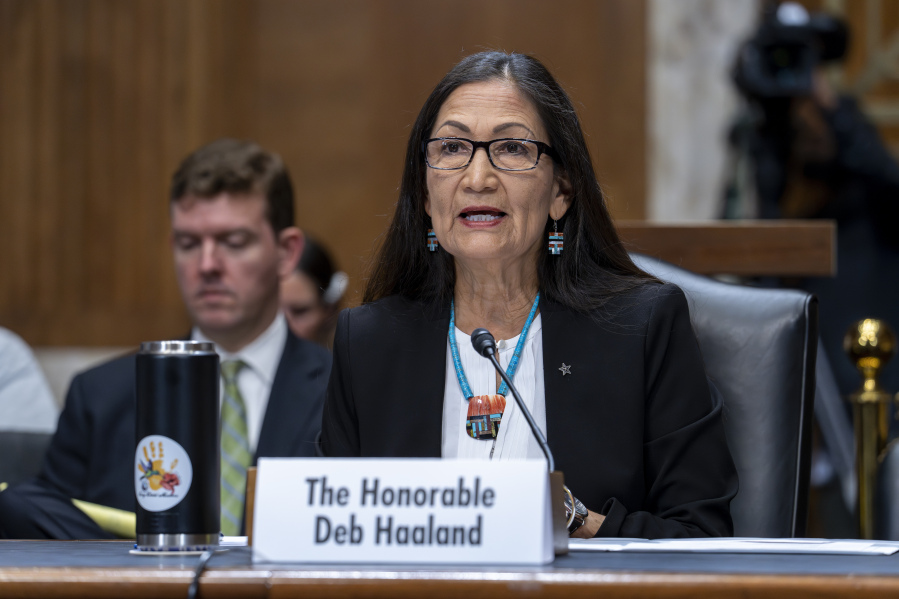 FILE - Interior Secretary Deb Haaland testifies on President Joe Biden's budget request for 2024 at the Capitol in Washington, May 2, 2023. Republican members of the U.S. House Committee on Natural Resources are raising concerns about ties between Haaland and an Indigenous group from her home state that advocates for halting oil and gas production on public lands. The members on Monday, June 5, sent a letter to Haaland requesting documents related to her interactions with Pueblo Action Alliance as well as her daughter, Somah, who has worked with the group and has rallied against fossil fuel development. (AP Photo/J.