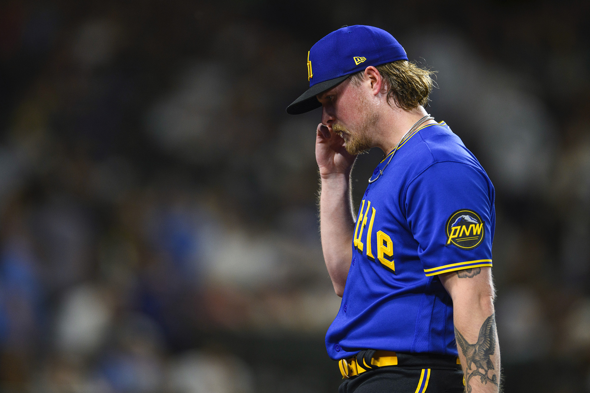 Seattle Mariners relief pitcher Gabe Speier is pulled during the eighth inning after giving up six runs to the Tampa Bay Rays in a baseball game Friday, June 30, 2023, in Seattle.