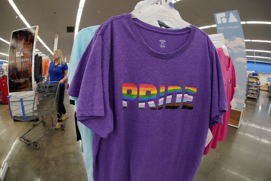 A Pride shirt is displayed in a Walmart in Cranberry, Pa., Friday, June 2, 2023. Longtime Pride sponsors, including Walmart, have come under attack by conservatives for their LGBTQ-friendly marketing. (AP Photo/Gene J.