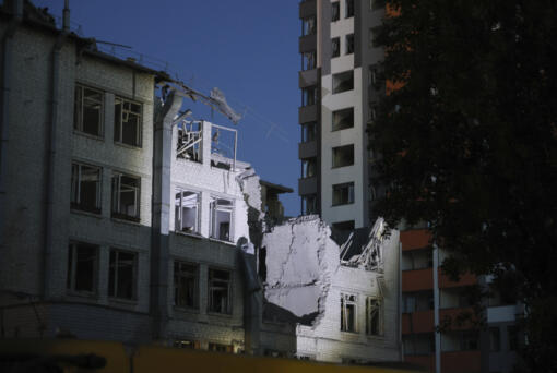 This shows a building damaged by a drone, that was shot down during a Russian overnight strike, in Kyiv, Ukraine, Thursday, June 1, 2023.