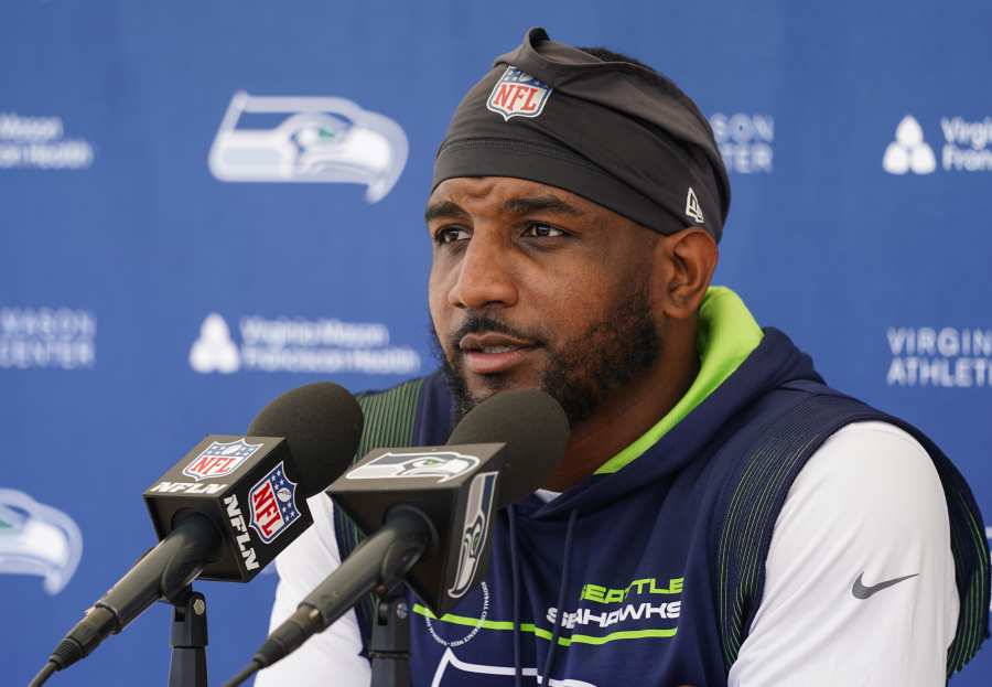 Seattle Seahawks safety Quandre Diggs answers media questions after NFL football practice, Tuesday, June 6, 2023, at the team's facilities in Renton, Wash.